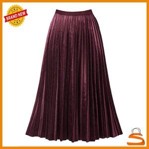 High Waist Pleated A-Line Midi Skirt, Polyester Spandex, Elastic Waistband